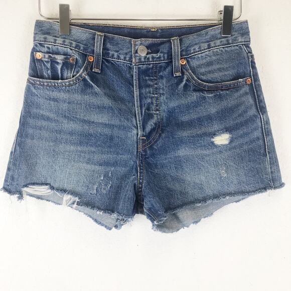 Levi's High Rise Wedgie Shorts Distressed Denim Button Fly Raw Hem Size 26 - Picture 1 of 9